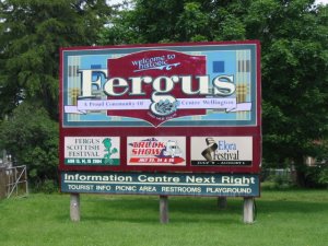 Large sign posting upcoming events in Fergus, Ontario, Canada