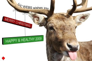 U-C WEBS wishes you a Merry Christmas, and a happy & healthy 2009 | Image of a deer sticking its tongue out.
