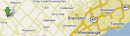 Map showing Fergus, Brampton, Mississauga, Toronto (Ontario) - indicating that Fergus is within driving distance
